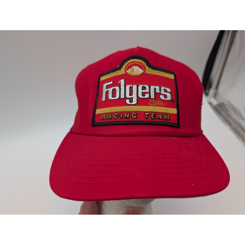 Vintage Folgers Racing Team Trucker Hat Red Mesh Snapback Made in USA
